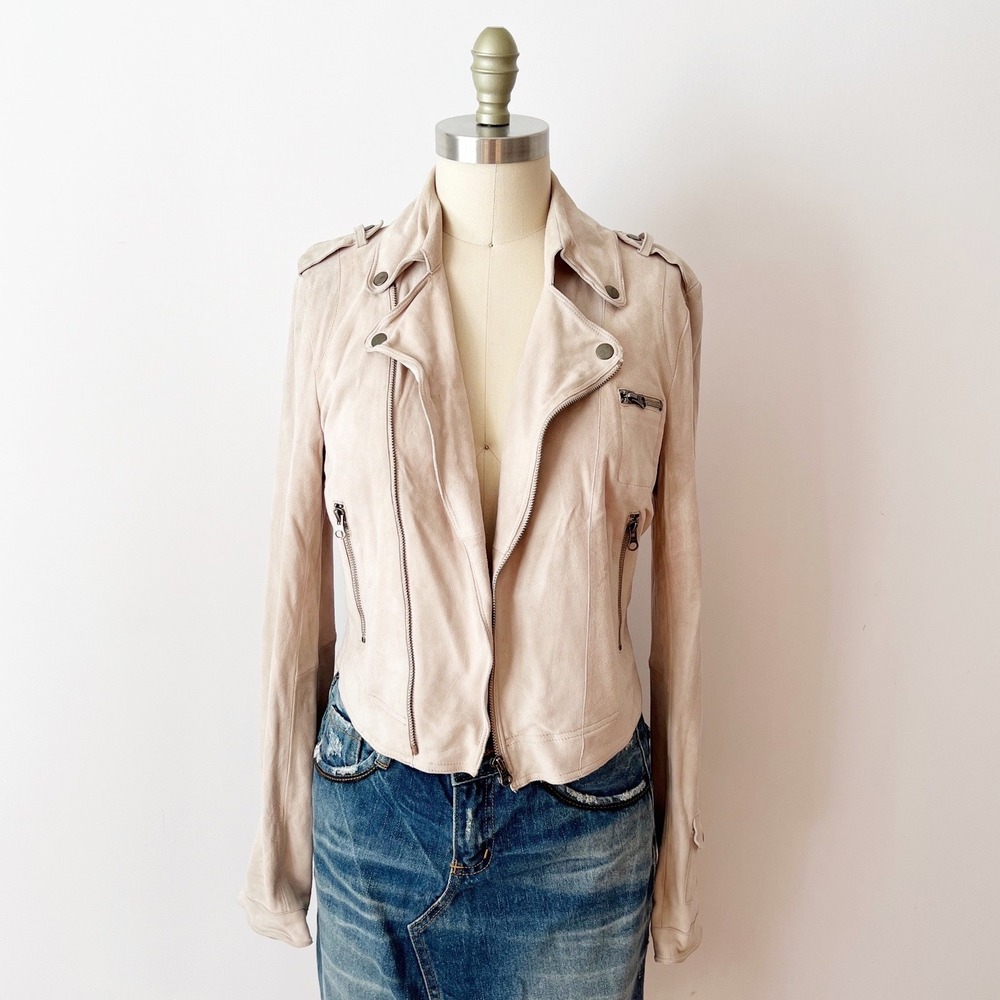 Jakett...etc. Moto Jacket Beige Suede‎ Leather Asymmetric Zip Almond Josey S